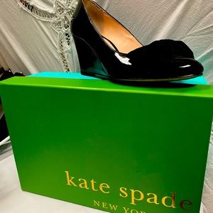 Kate Spade Black Patent Leather Wedges in box